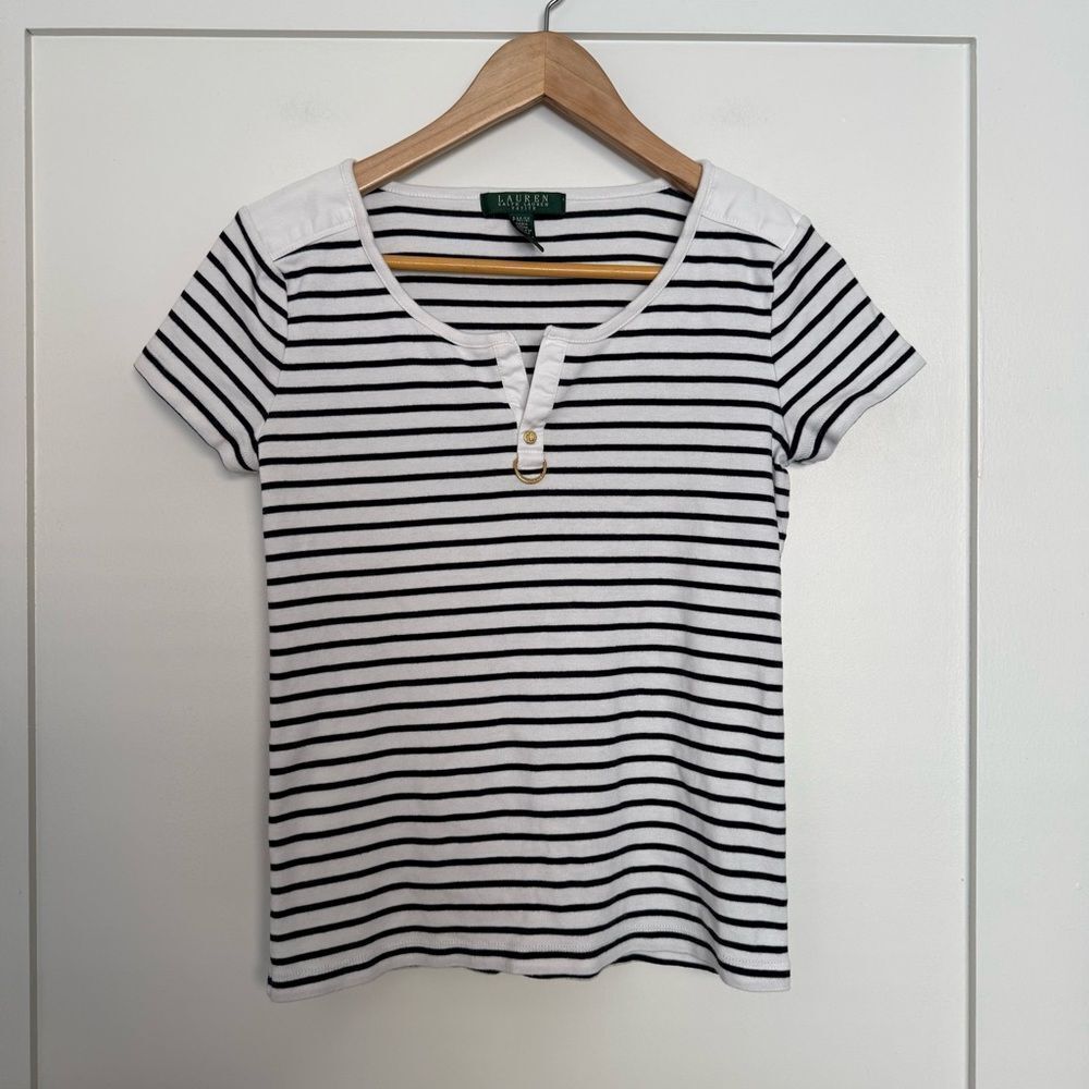 Lauren Ralph Lauren Top Women M White Blue Striped Short Sleeve Nautical Coastal